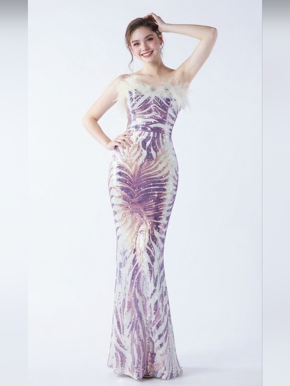 Blue and White Sequin Embellished Sleeveless Gown CUSTOM